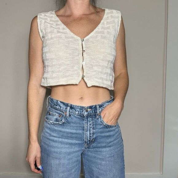 Madewell Crochet Button Up V Neck Sweater Crop Top Size Medium - Picture 2 of 7